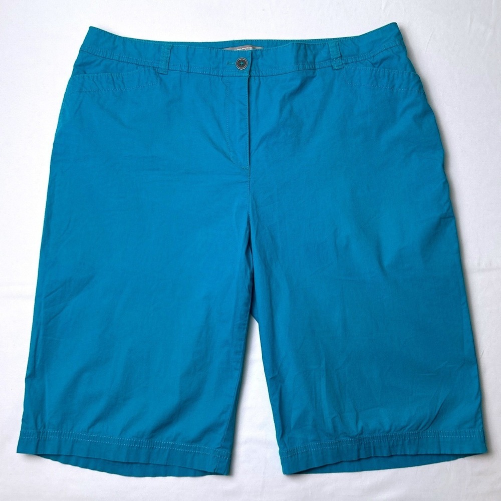 Chico's Women Stretch Cotton Bermuda Walking Shorts Size 2.5/14 Turquoise Blue